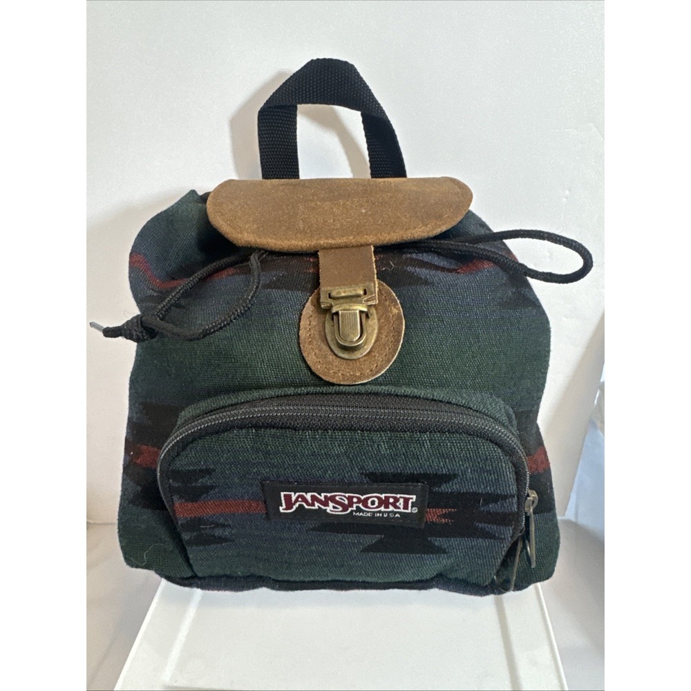 Vintage JanSport‎ Mini Backpack Y2K Southwestern Aztec Tan Leather USA 1994